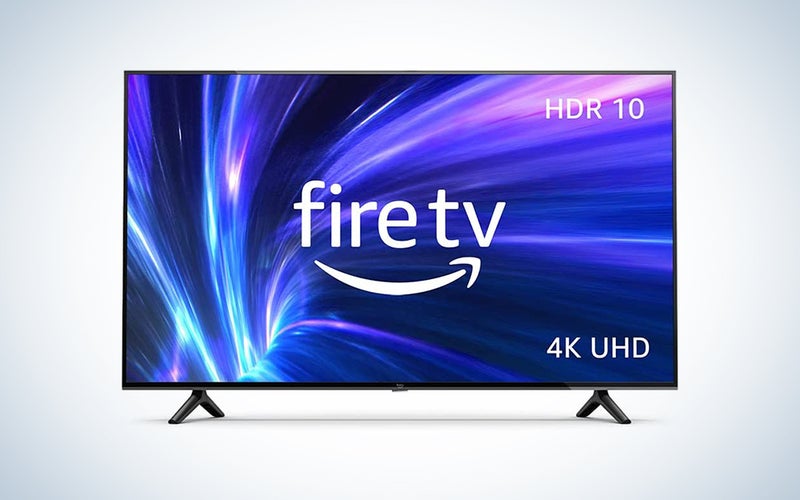 A Amazon Fire TV 50" 4-Series 4K UHD smart TV on a blue and white background
