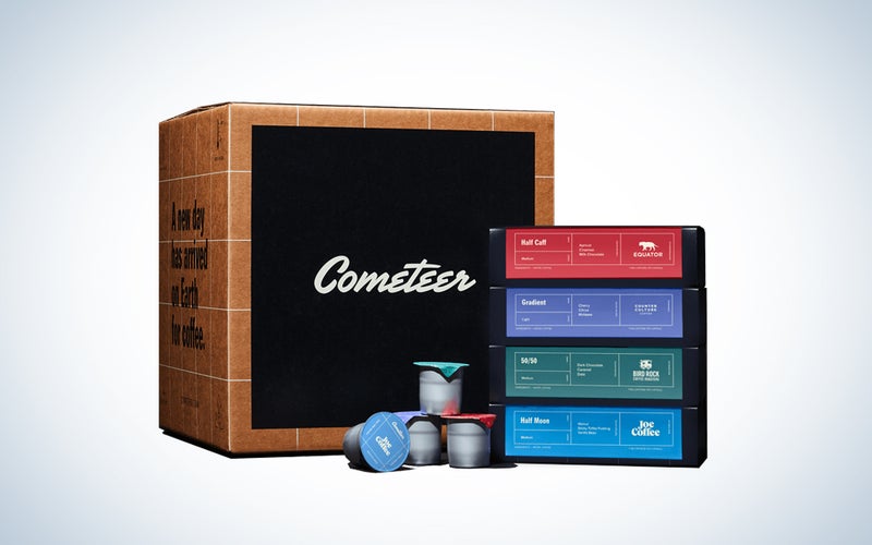 A box of Cometeer pods on a blue and white background