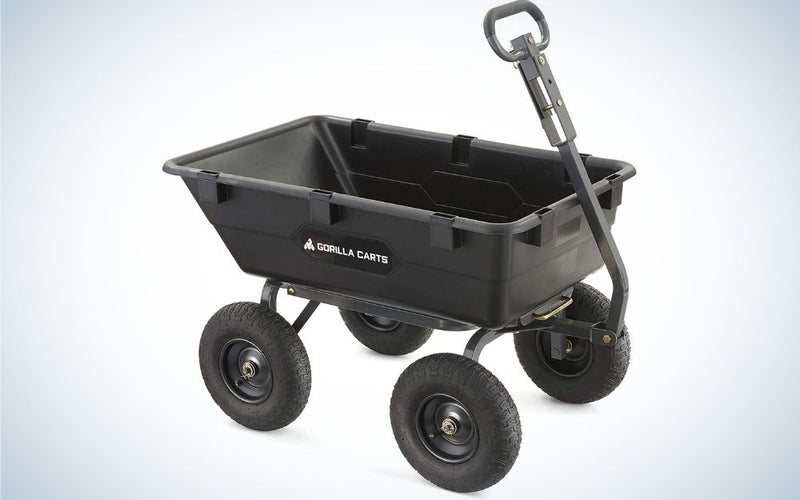 A two-wheeled black cart with a black lever to pull the cart.