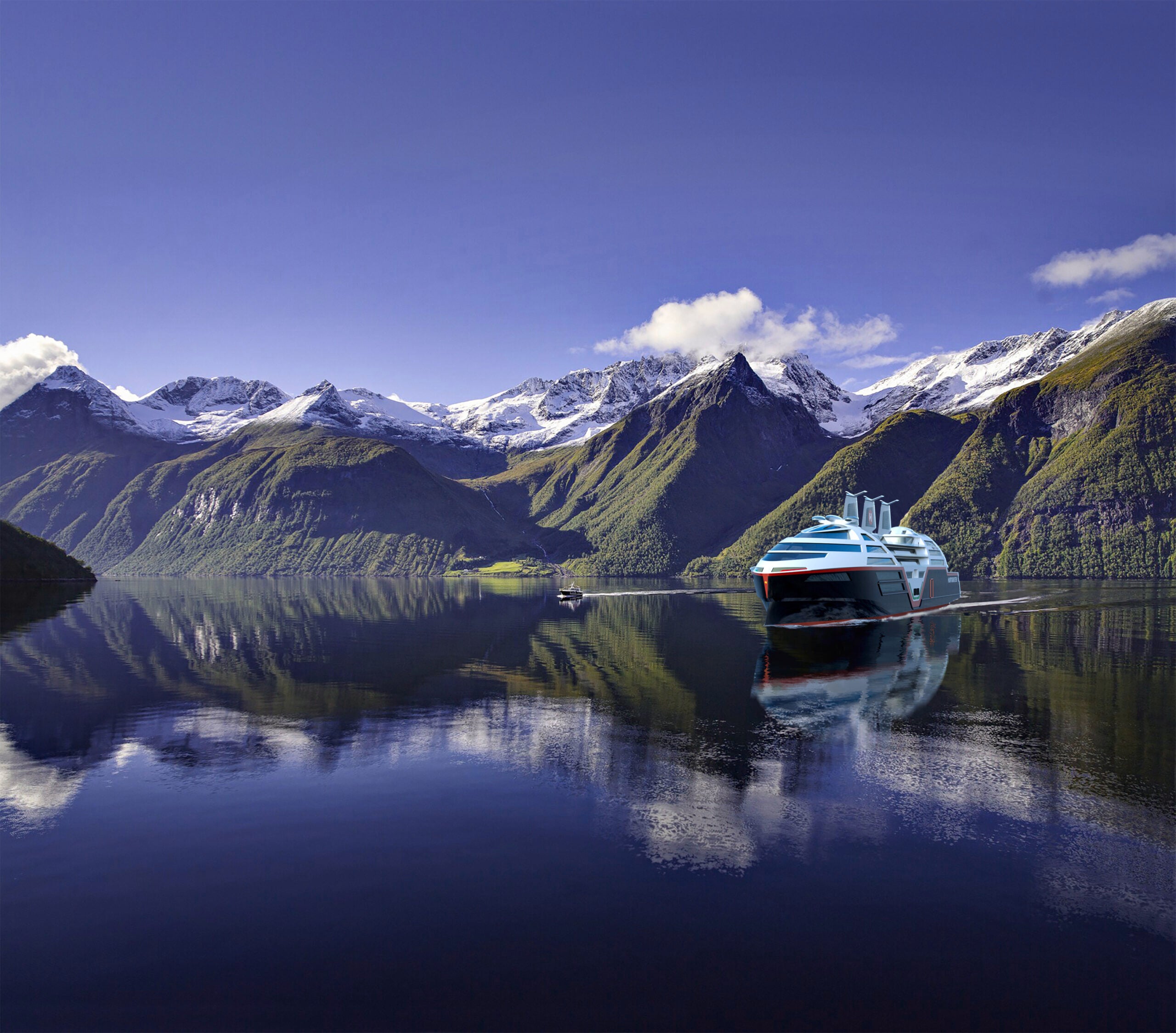 Concept art of zero-emission cruise ship sailing in Norway