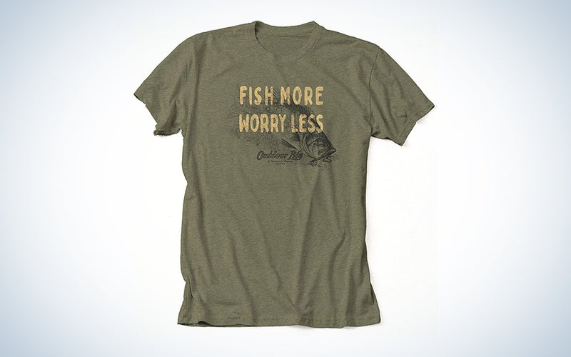 A green shirt from Outdoor Life with "fish more, worry less" screenprinted on it
