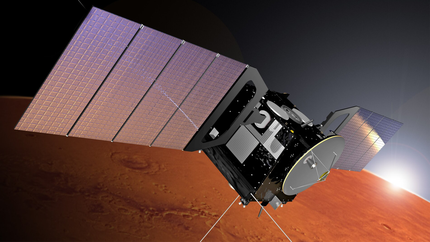 A graphic rendering of the ESA's Mars Express orbiter. Mars Express lifted off from Baikonur Cosmodrome aboard a Soyuz–Fregat rocket on June 2, 2003. It entered orbit around Mars on December 25, 2003 and reached its operational orbit in January 2004. The initial mission duration was one Martian year (687 Earth days), completed in September 2005.